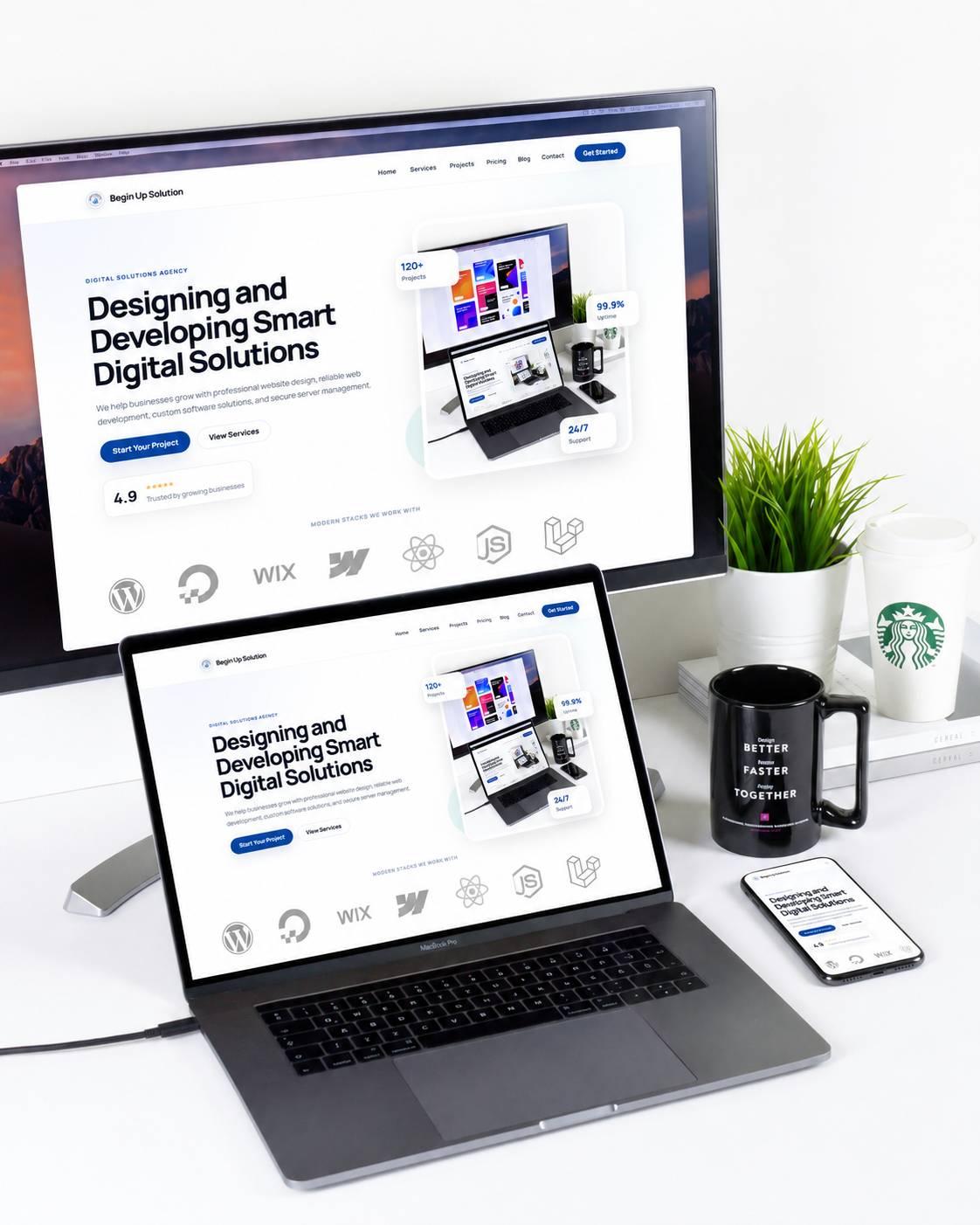 Professional working on a laptop in a bright modern workspace